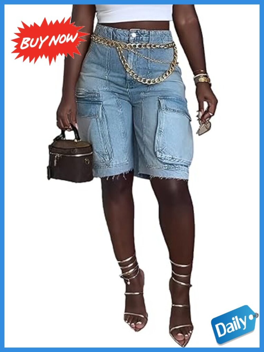 Women High Waisted Bermuda Denim Shorts Cargo Knee Length Pockets